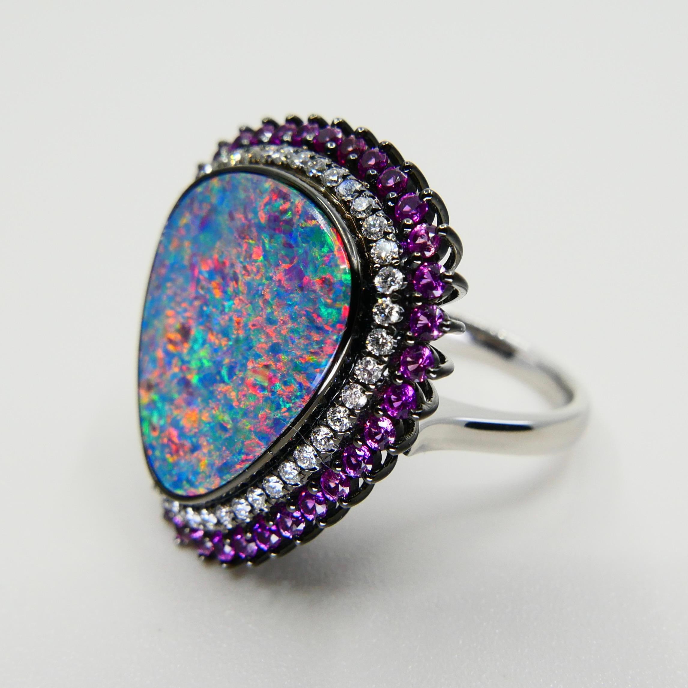 7.84 Cts Au Opal, Pink Sapphire & Diamond Ring Pendant, Superb Play of Colors For Sale 8