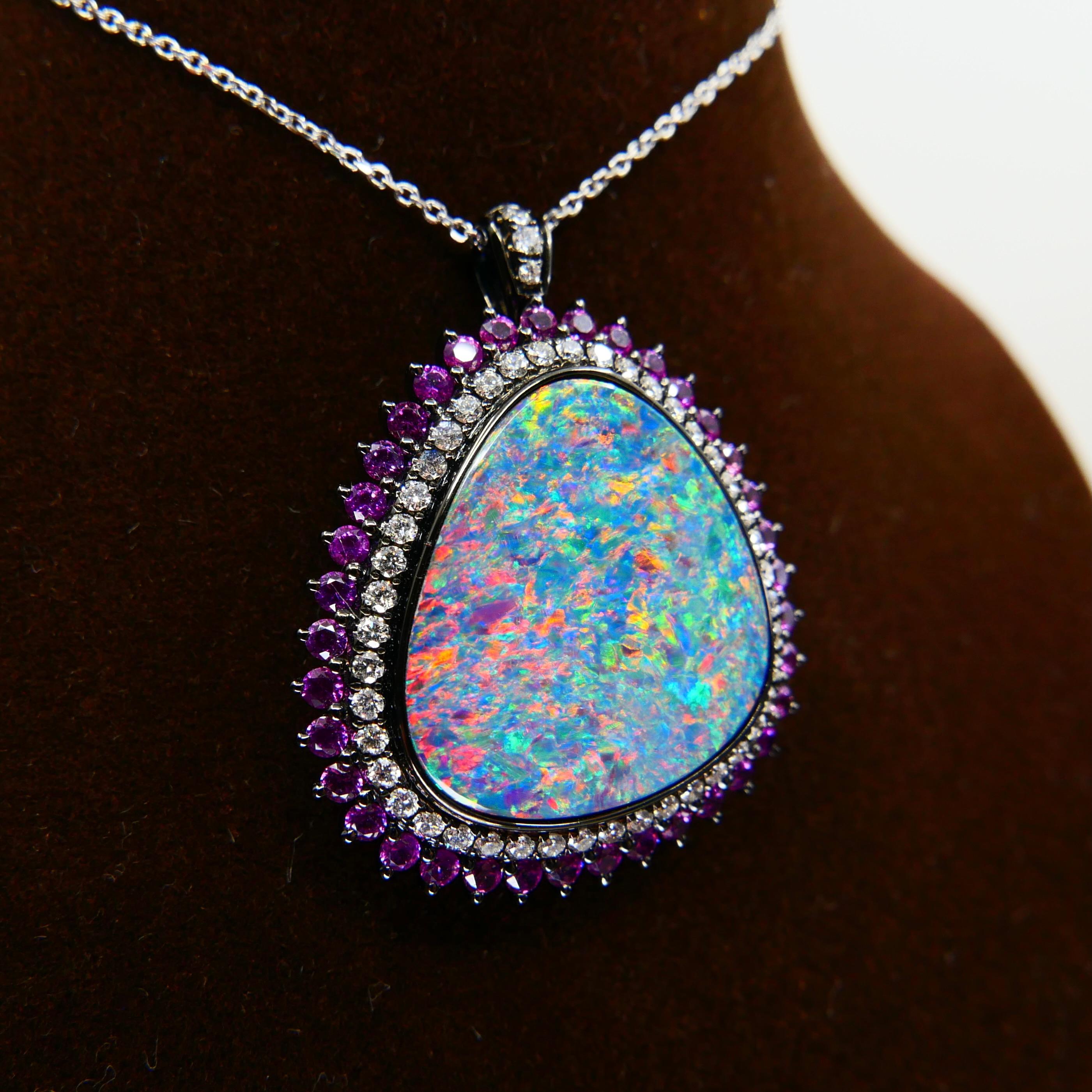 7.84 Cts Au Opal, Pink Sapphire & Diamond Ring Pendant, Superb Play of Colors For Sale 11
