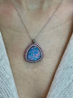 7.84 Cts Au Opal, Pink Sapphire & Diamond Ring Pendant, Superb Play of Colors