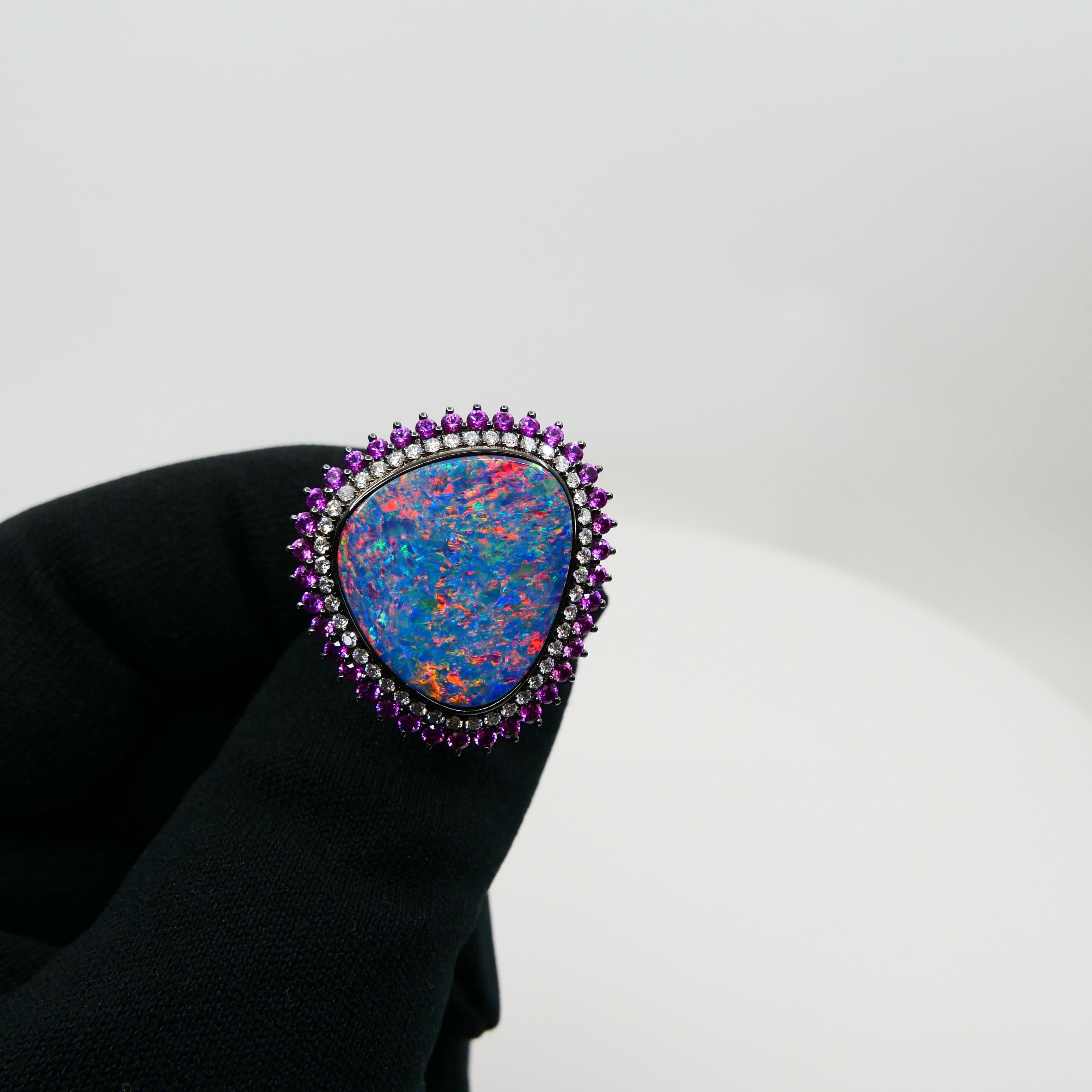 7.84 Cts Au Opal, Pink Sapphire & Diamond Ring Pendant, Superb Play of Colors For Sale 12