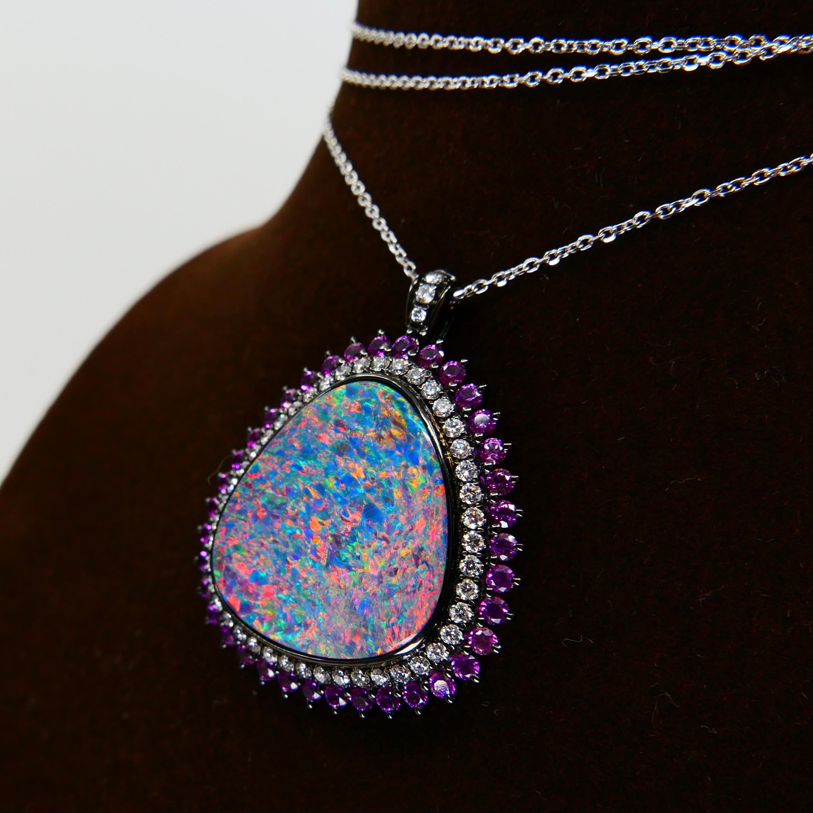 Rough Cut 7.84 Cts Au Opal, Pink Sapphire & Diamond Ring Pendant, Superb Play of Colors For Sale