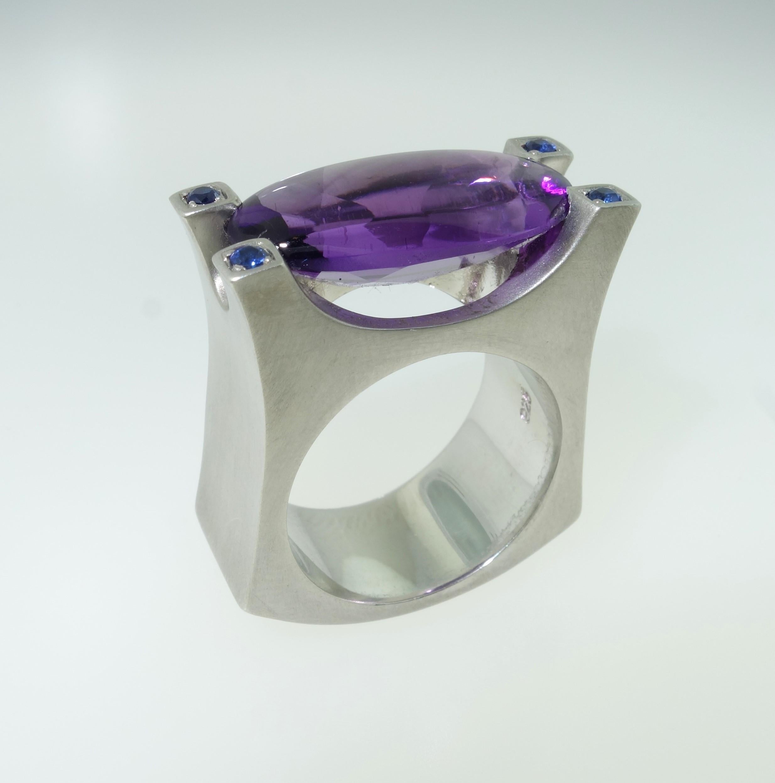 Mixed Cut 7.85 Carat Amethyst and Blue Sapphire Solitaire Statement Ring For Sale