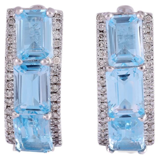 7.85 Carat Clear Blue Topaz & Diamond Cluster Earring in 18K gold For Sale