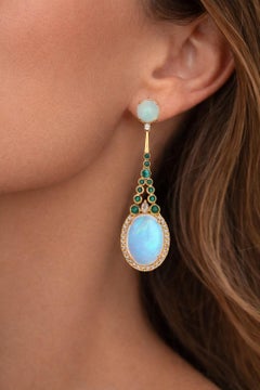 7.85 Carat Ethiopian Opal Emerald Diamond 14 Karat Gold Drop Earrings