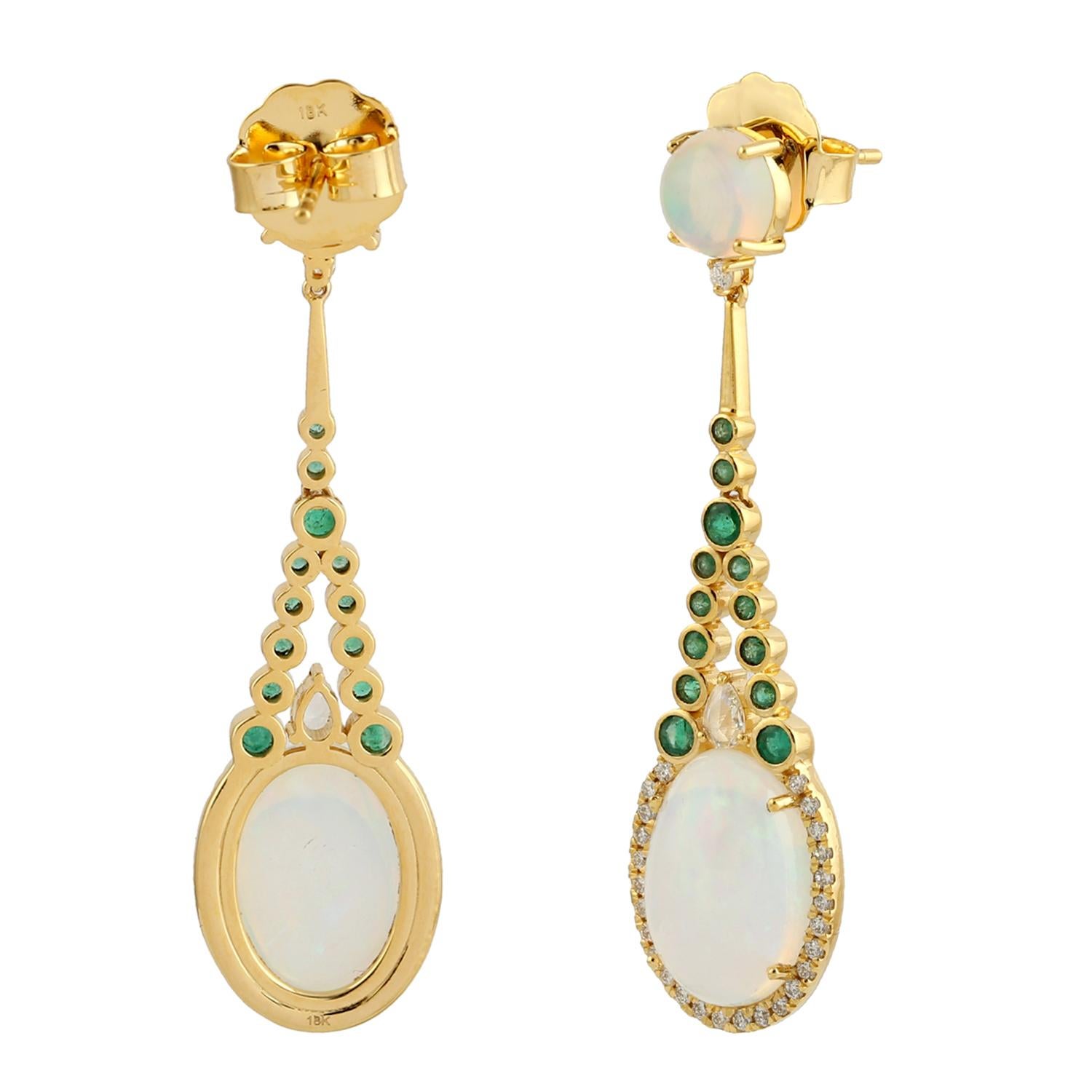 Mixed Cut 7.85 Carat Opal Emerald Diamond 18 Karat Gold Drop Earrings For Sale
