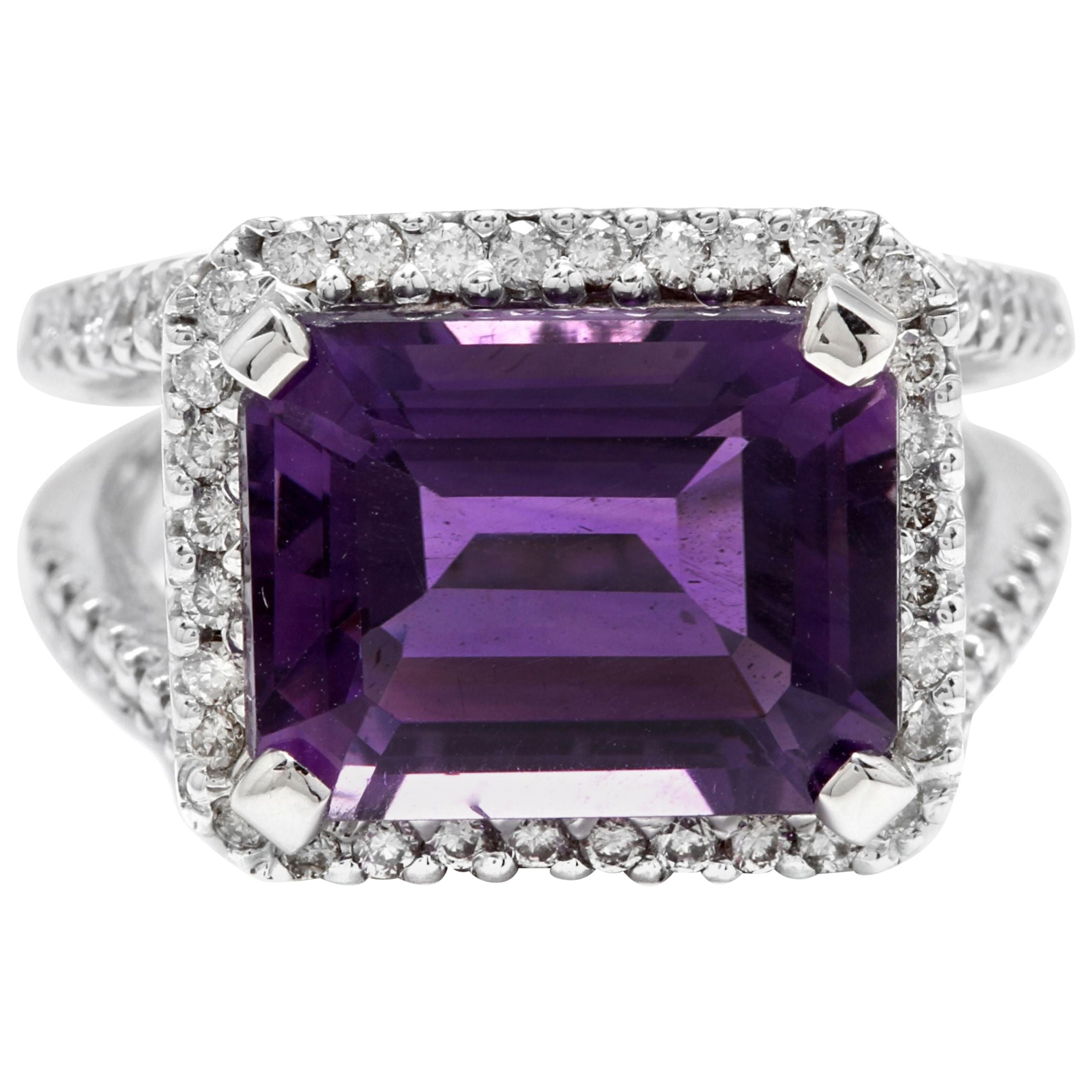 7.85 Carat Natural Amethyst and Diamond 14 Karat Solid White Gold Ring For Sale