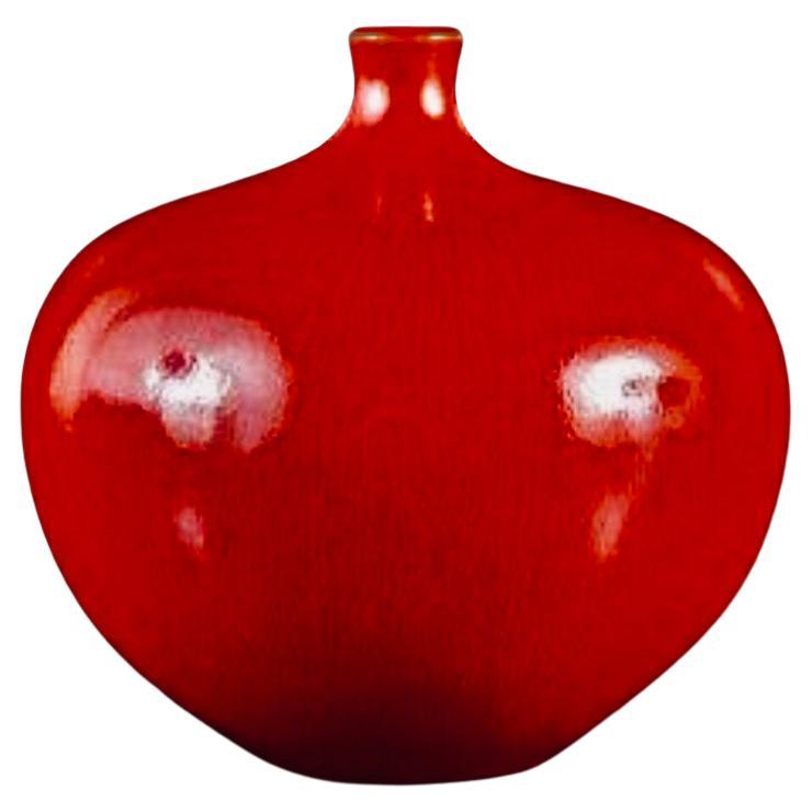 785 Japanese Fine Ceramic Signed Red Vase For Sale
