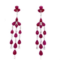 78.50 Carat Natural Ruby Cabochons and White Diamond Gold Chandelier Earrings