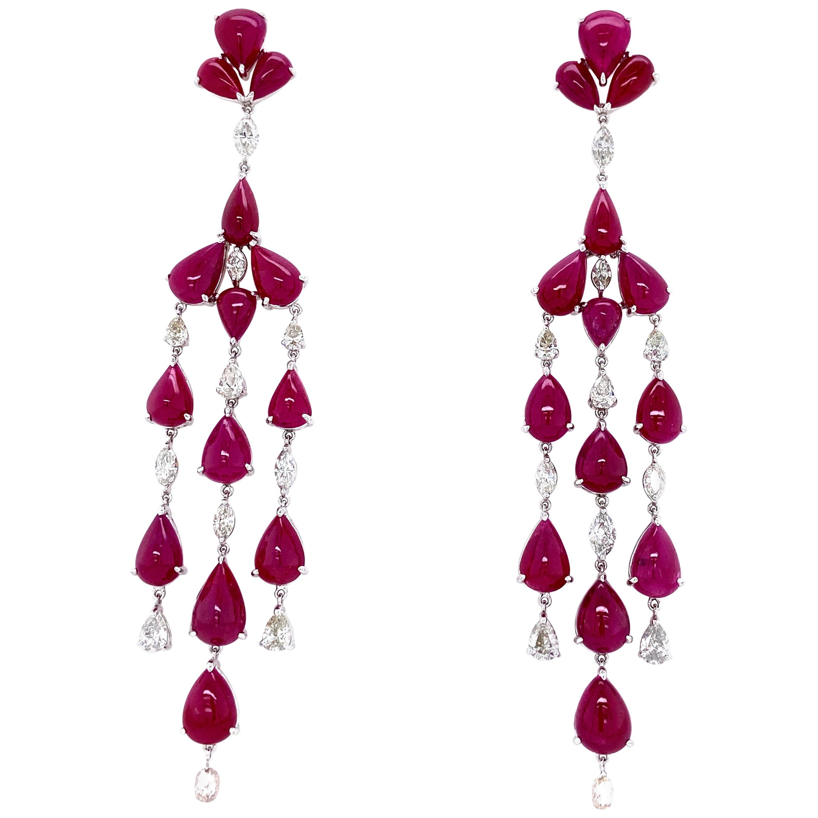 78.50 Carat Natural Ruby Cabochons and White Diamond Gold Chandelier Earrings