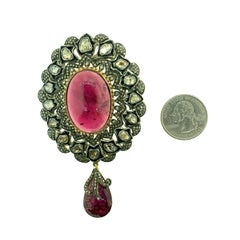 78.50 Carat Tourmaline and Old Mine Cut 'Polki Diamond' Pendant Silver 14Kt Gold