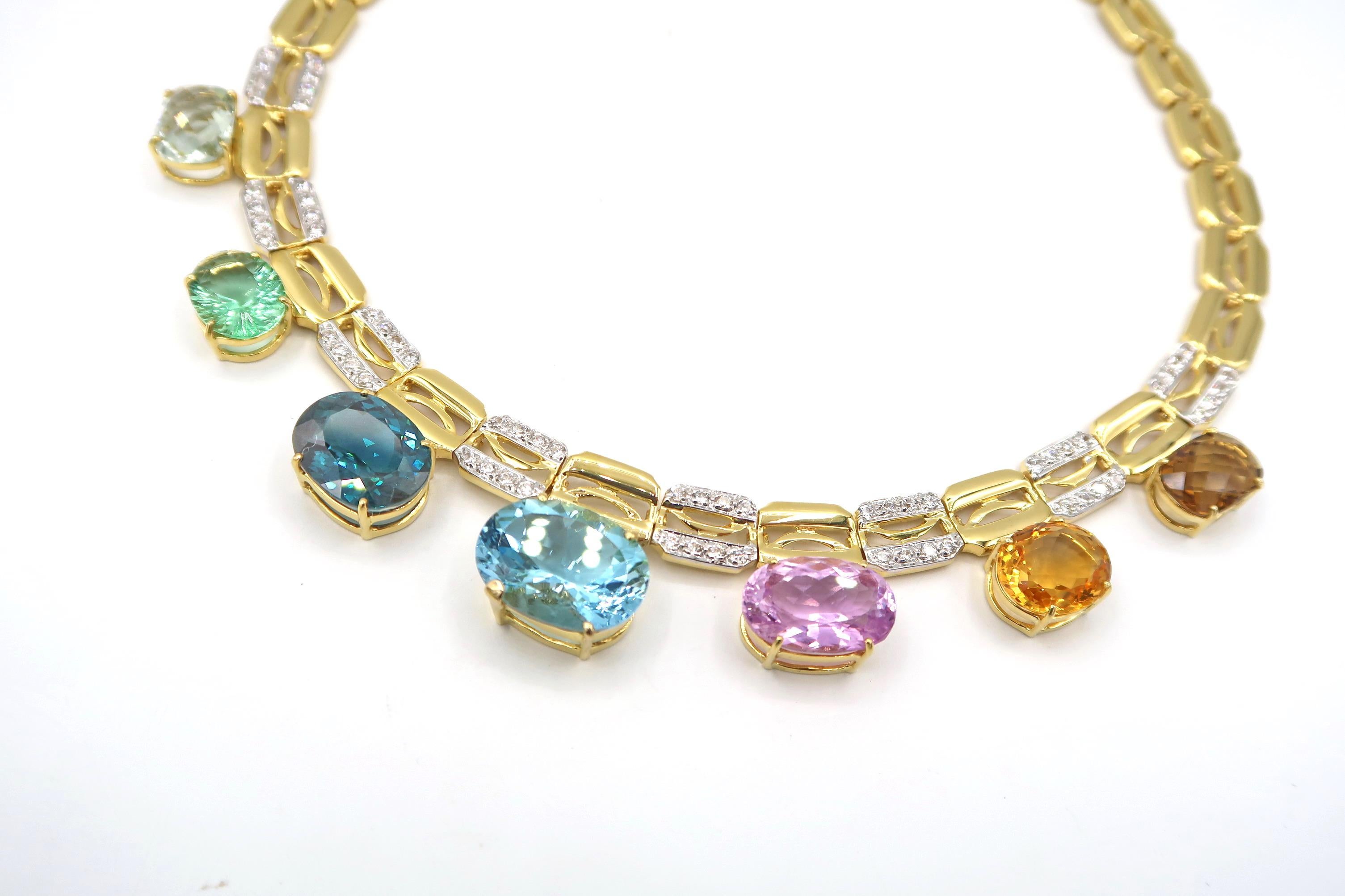 Contemporary 78.51 Carat Multi-Color Semi Precious Gemstone Gold Necklace White Zircon For Sale