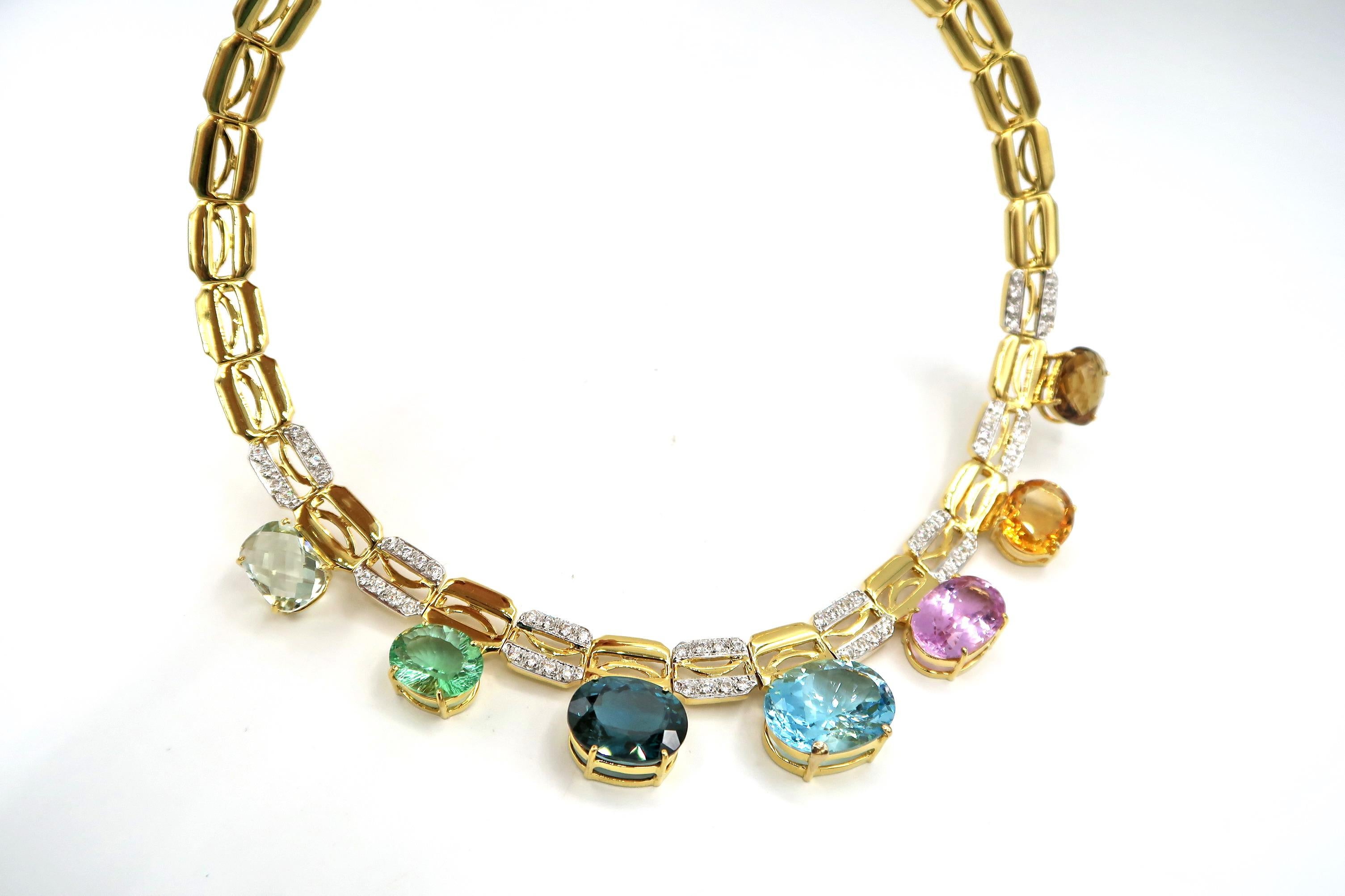 Mixed Cut 78.51 Carat Multi-Color Semi Precious Gemstone Gold Necklace White Zircon For Sale