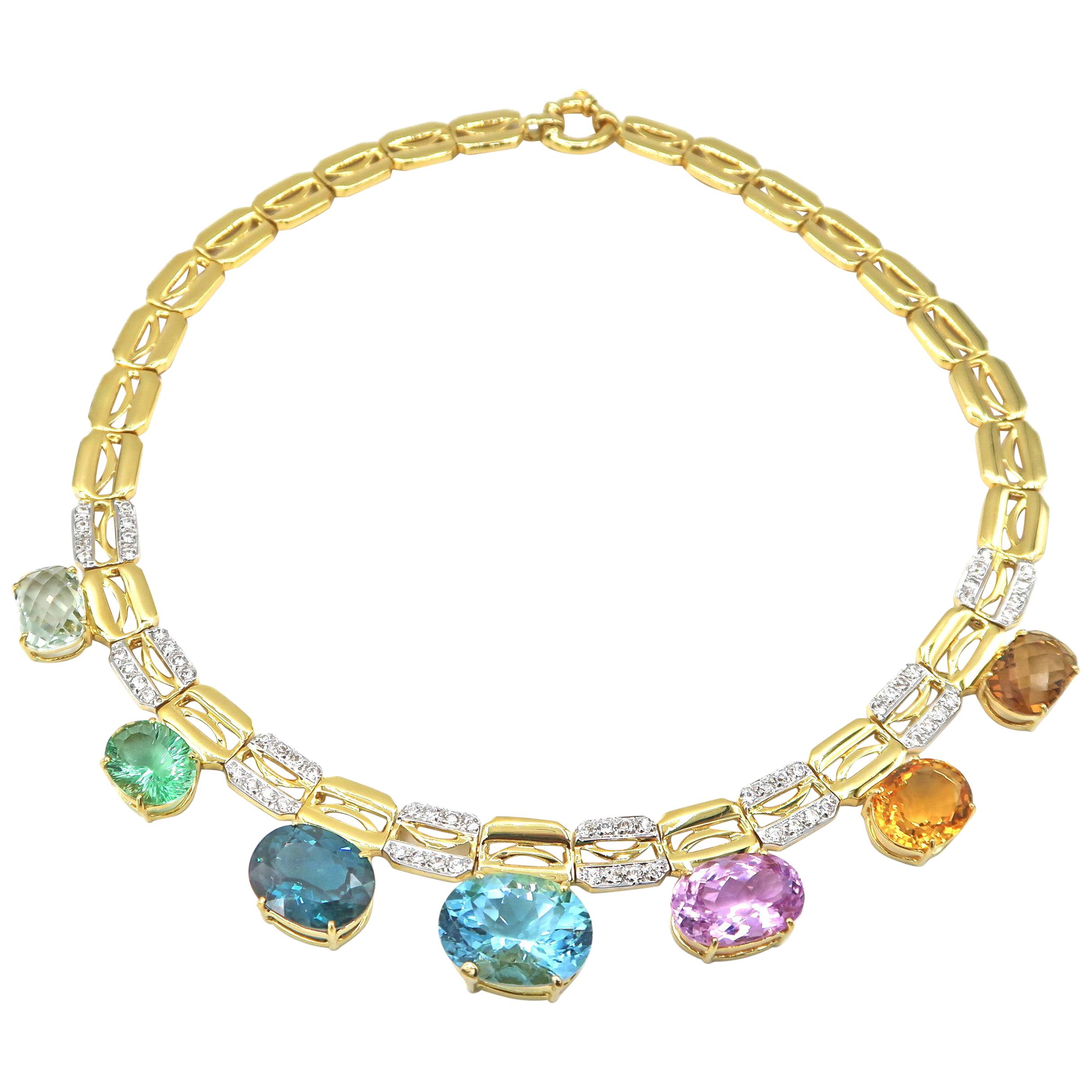 78.51 Carat Multi-Color Semi Precious Gemstone Gold Necklace White Zircon For Sale
