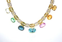 78.51 Carat Multicolour Semi Precious Gemstone White Sapphire 18K Gold Necklace