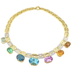 78.51 Carat Multicolour Semi Precious Gemstone White Sapphire 18K Gold Necklace