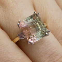 7.85ct Bi Color Tourmaline, Pink & Green Diamond Ring Set in 14k White Gold
