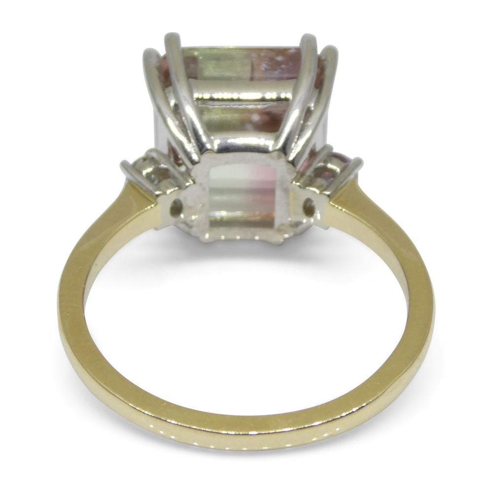 Emerald Cut 7.85ct Bi Color Tourmaline, Pink & Green Diamond Ring Set in 14k White Gold For Sale
