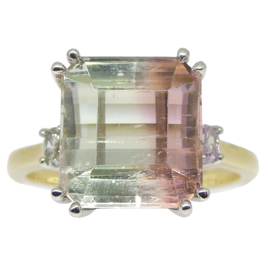 7.85ct Bi Color Tourmaline, Pink & Green Diamond Ring Set in 14k White Gold For Sale