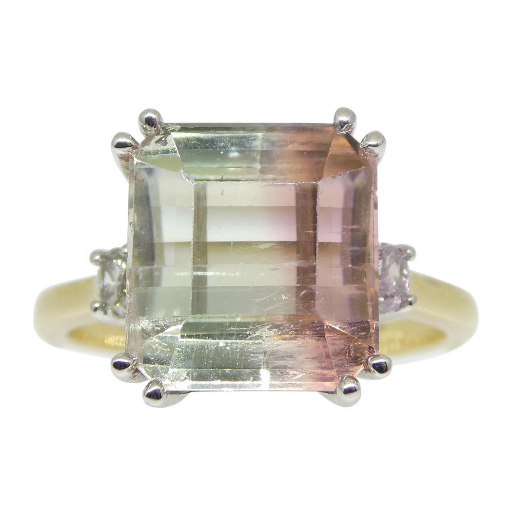 Contemporary 7.85ct Bi-Colour Tourmaline, Pink & Green Diamond Statement or Engagement Ring For Sale
