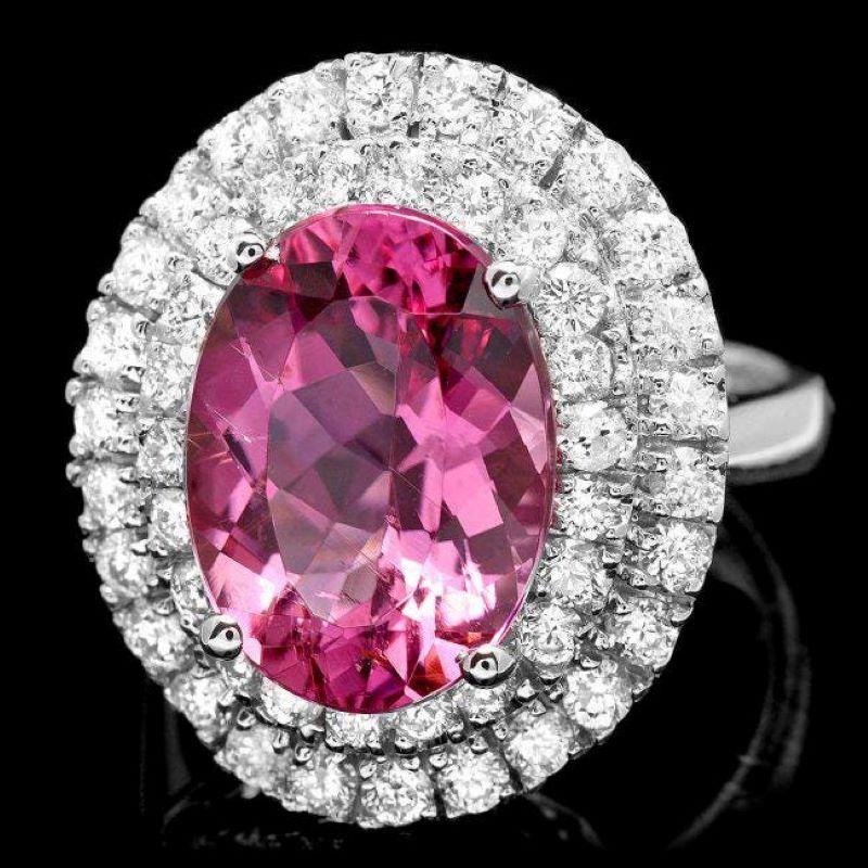 7.85 Carats Natural Pink Tourmaline and Diamond 14K Solid White Gold Ring

Total Natural Oval Cut Tourmaline Weight is: Approx. 6.50 Carats 

Tourmaline Measures: Approx. 14.00 x 10.00mm

Natural Round Diamonds Weight: Approx.  1.35 Carats (color