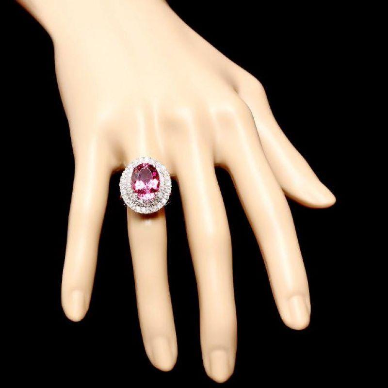 7.85ct Natural Pink Tourmaline and Diamond 14k Solid White Gold Ring In New Condition For Sale In Los Angeles, CA
