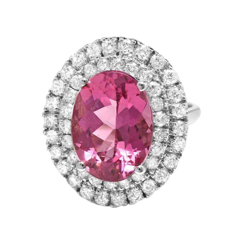 7.85ct Natural Pink Tourmaline and Diamond 14k Solid White Gold Ring For Sale