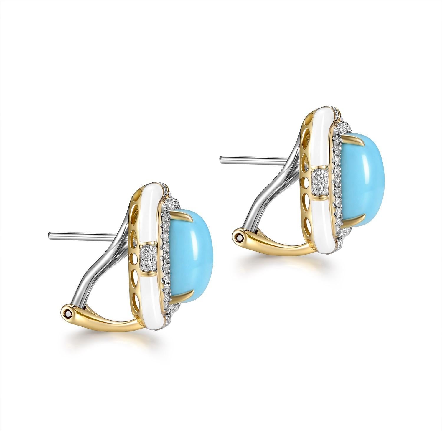 When it comes to precious stones, the Sleeping Beauty Turquoise stands apart with its entrancing blue hue, reminiscent of a serene and cloudless sky. This particular pair of earrings seamlessly marries this gem's splendor with the radiant sparkle of