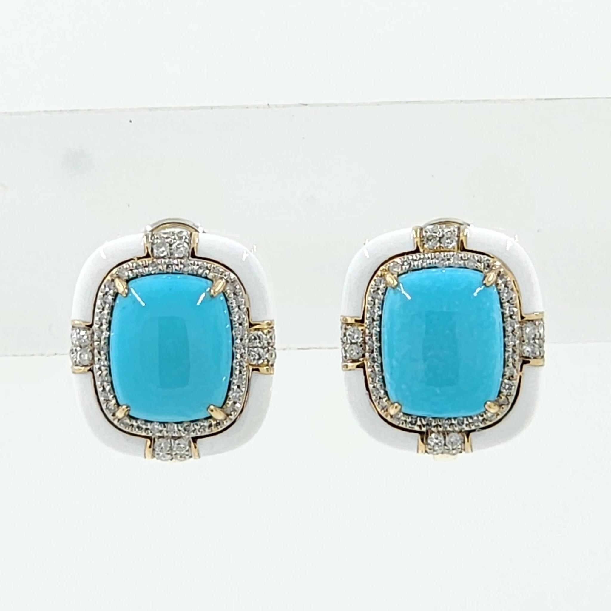 Contemporary 7.85Ct Sleeping Beauty Turquoise Diamond Enamel Earring in 14 Karat Yellow Gold