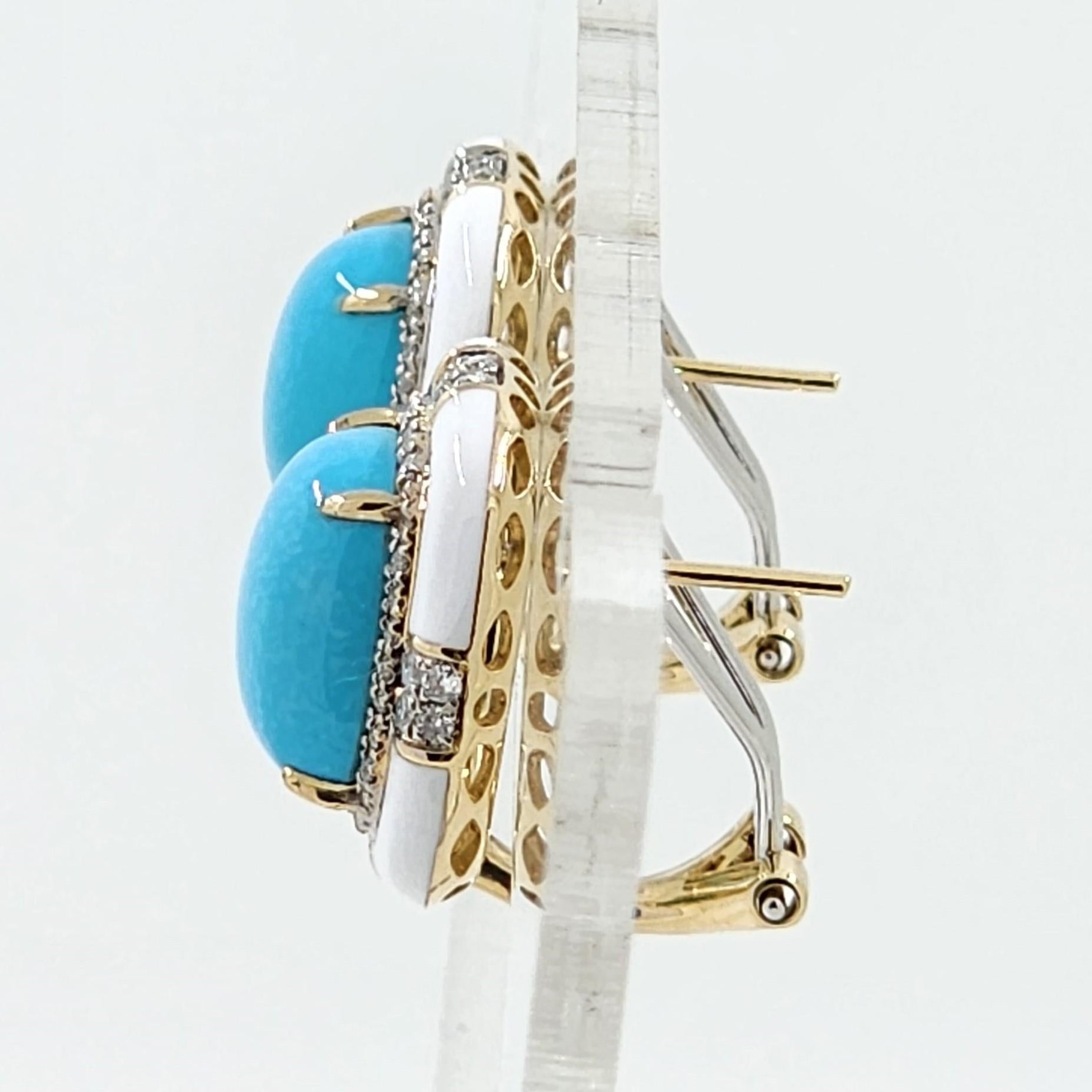 Cabochon 7.85Ct Sleeping Beauty Turquoise Diamond Enamel Earring in 14 Karat Yellow Gold