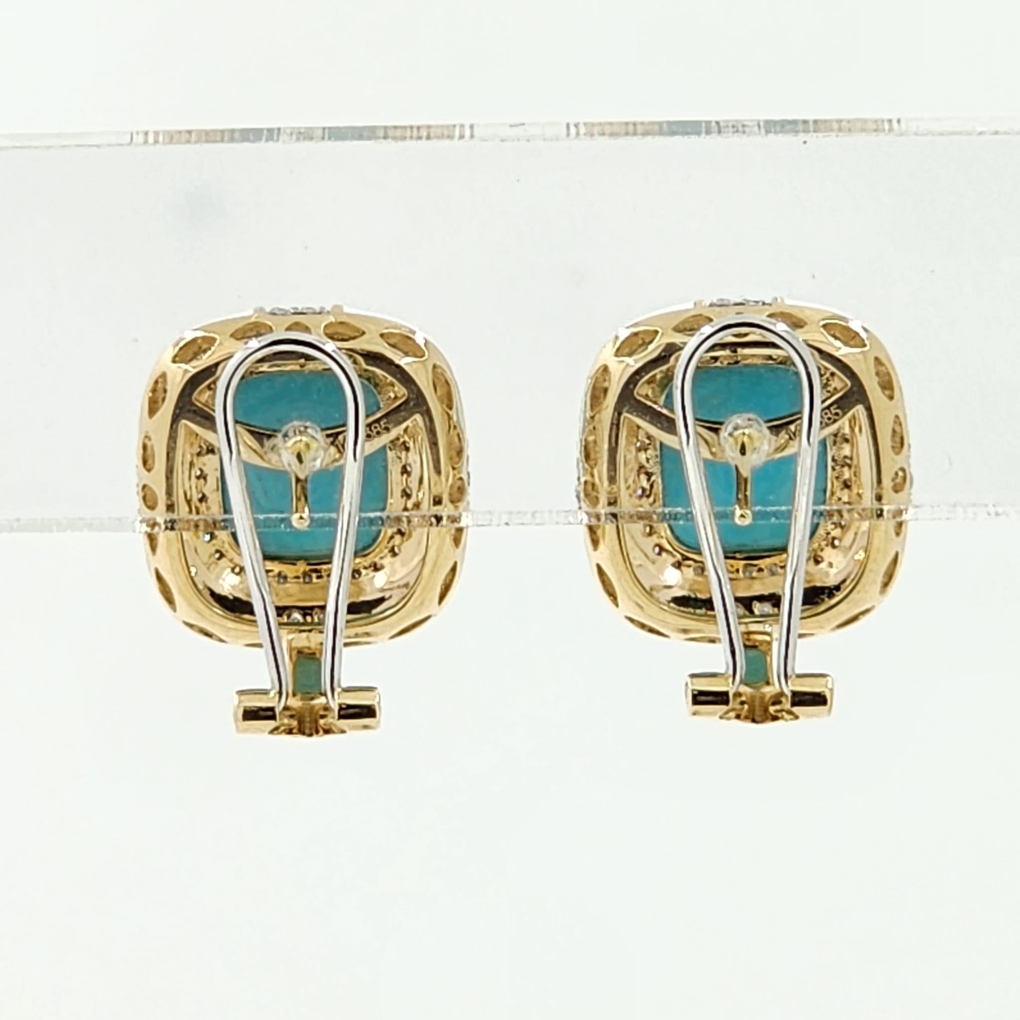7.85Ct Sleeping Beauty Turquoise Diamond Enamel Earring in 14 Karat Yellow Gold In New Condition In Hong Kong, HK