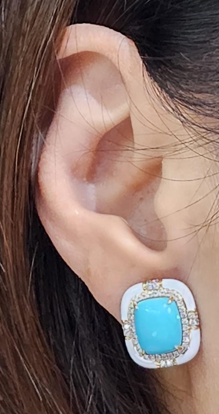 Women's 7.85Ct Sleeping Beauty Turquoise Diamond Enamel Earring in 14 Karat Yellow Gold