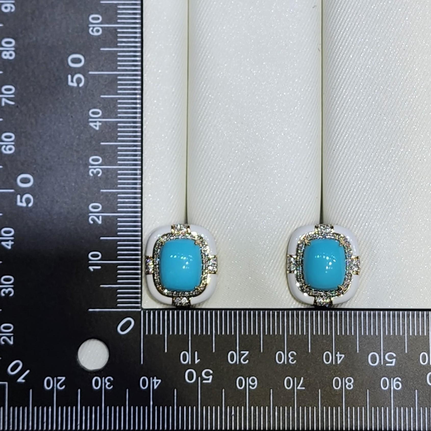 7.85Ct Sleeping Beauty Turquoise Diamond Enamel Earring in 14 Karat Yellow Gold 1