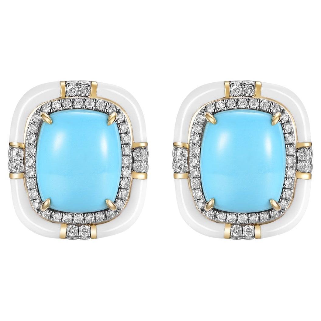 7.85Ct Sleeping Beauty Turquoise Diamond Enamel Earring in 14 Karat Yellow Gold
