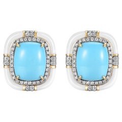 7.85Ct Sleeping Beauty Turquoise Diamond Enamel Earring in 14 Karat Yellow Gold