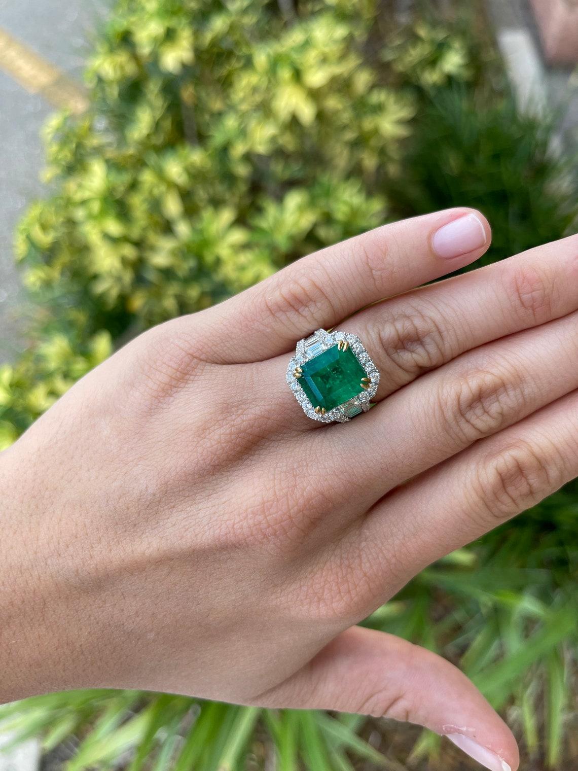 Emerald Cut 7.85tcw AAA+ Emerald & Diamond Statement Ring 18K For Sale