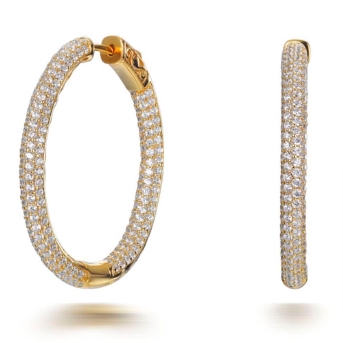 A twist on the wardrobe staple, these shimmering hoop earrings will add a sparkling statement to any occasion.

Featuring 7.86ct of round brilliant cut cubic zirconia, set in 925 sterling silver with a 14kt yellow gold finish.

Dimensions 35mm drop