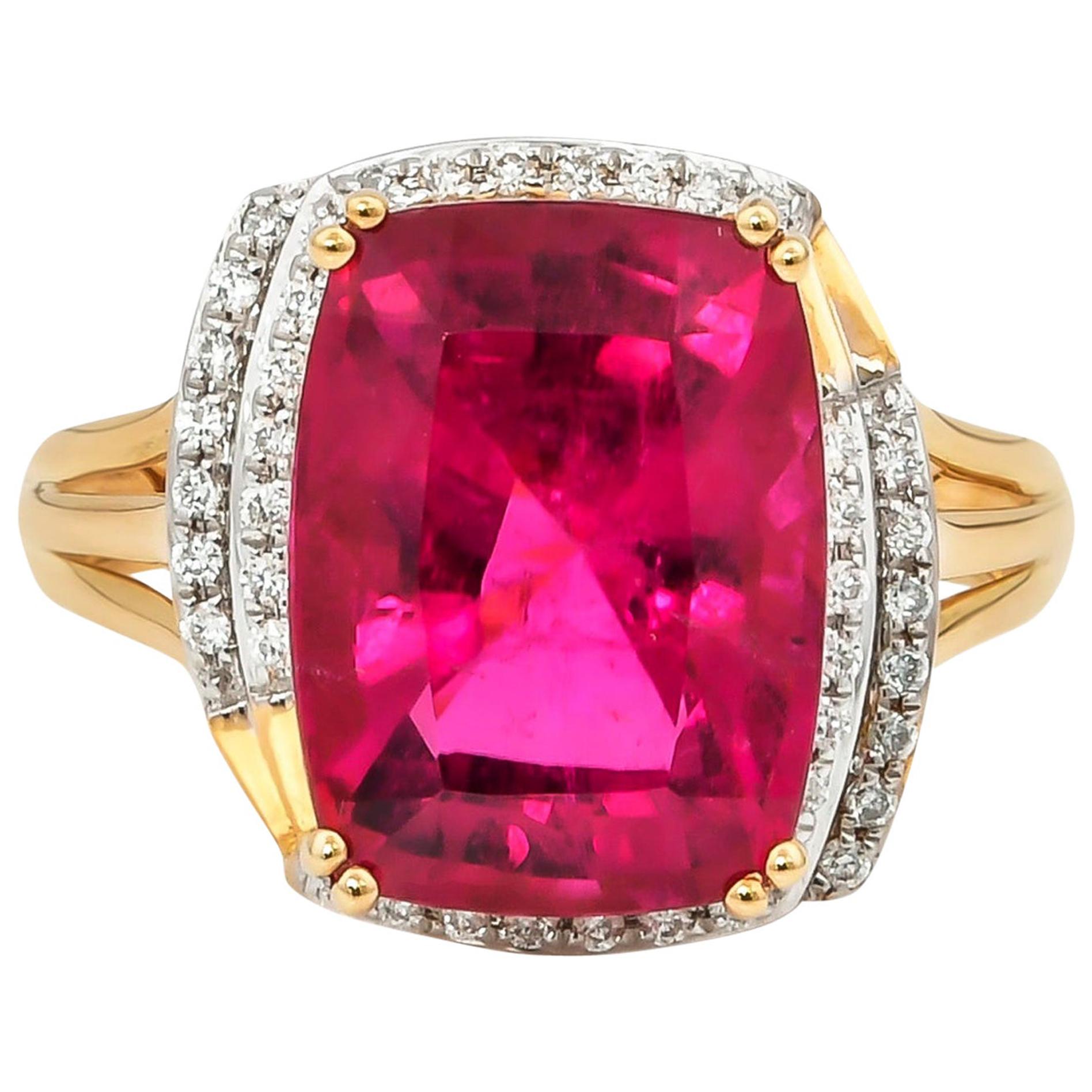 7.86 Carat Cushion Shaped Rubelite Ring in 18 Karat Yellow Gold with Diamonds For Sale