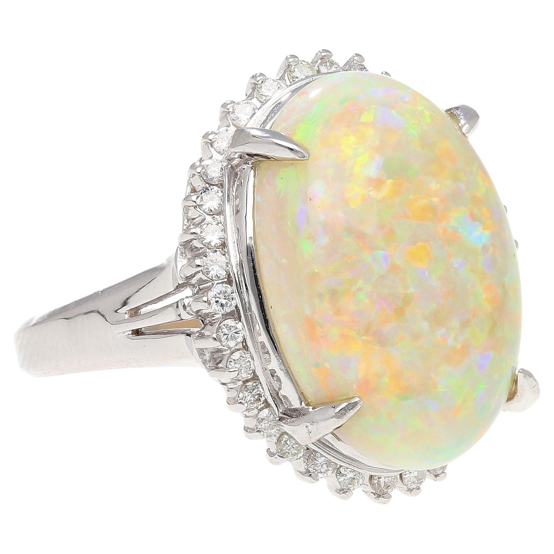 7.86 Carat Natural White Opal and Diamond Halo Platinum Ring