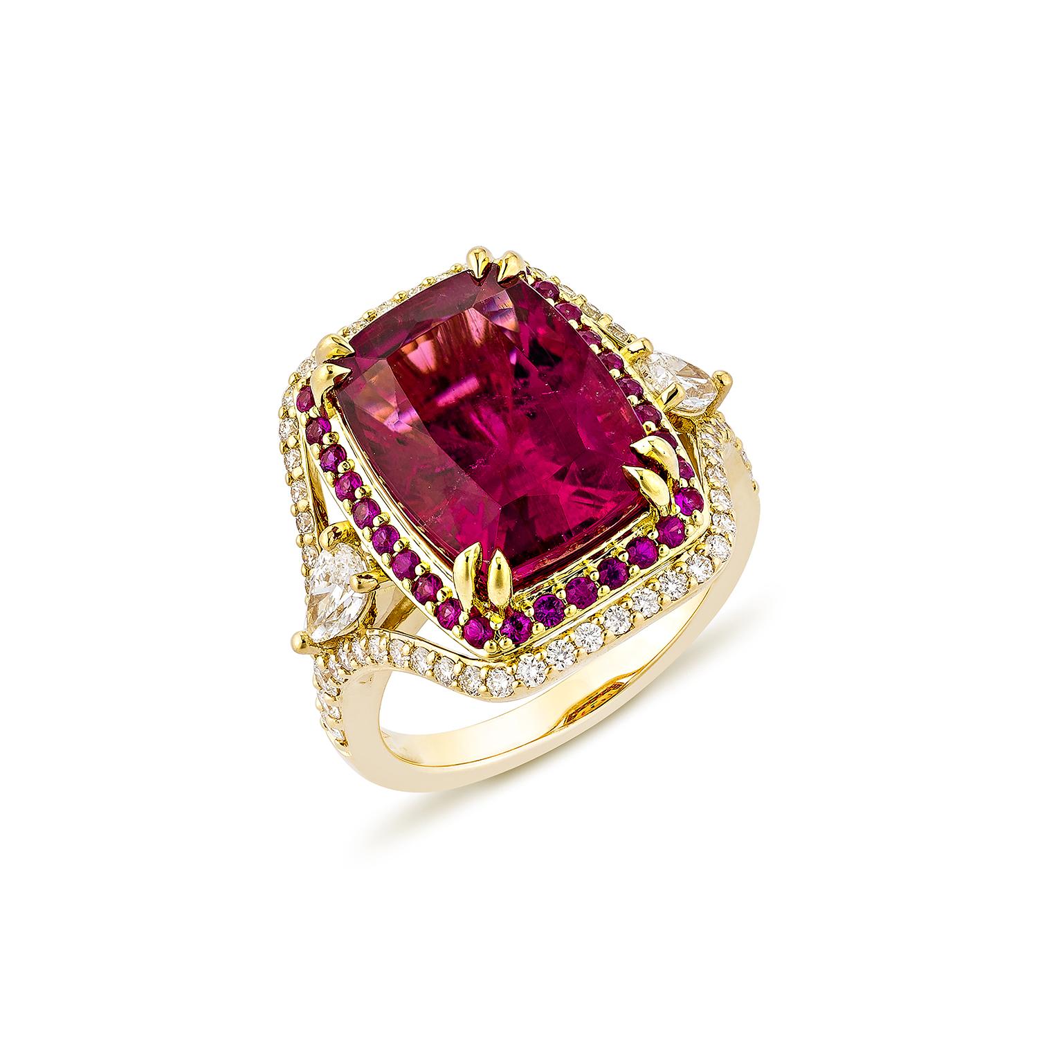 Contemporary Sunita Nahata Rubellite 7.86ct. Cocktail Ring in 18KYG with Ruby and Diamond. For Sale