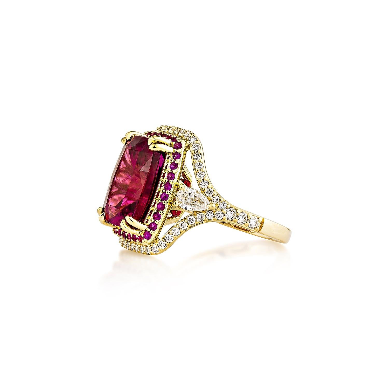 Cushion Cut Sunita Nahata Rubellite 7.86ct. Cocktail Ring in 18KYG with Ruby and Diamond. For Sale