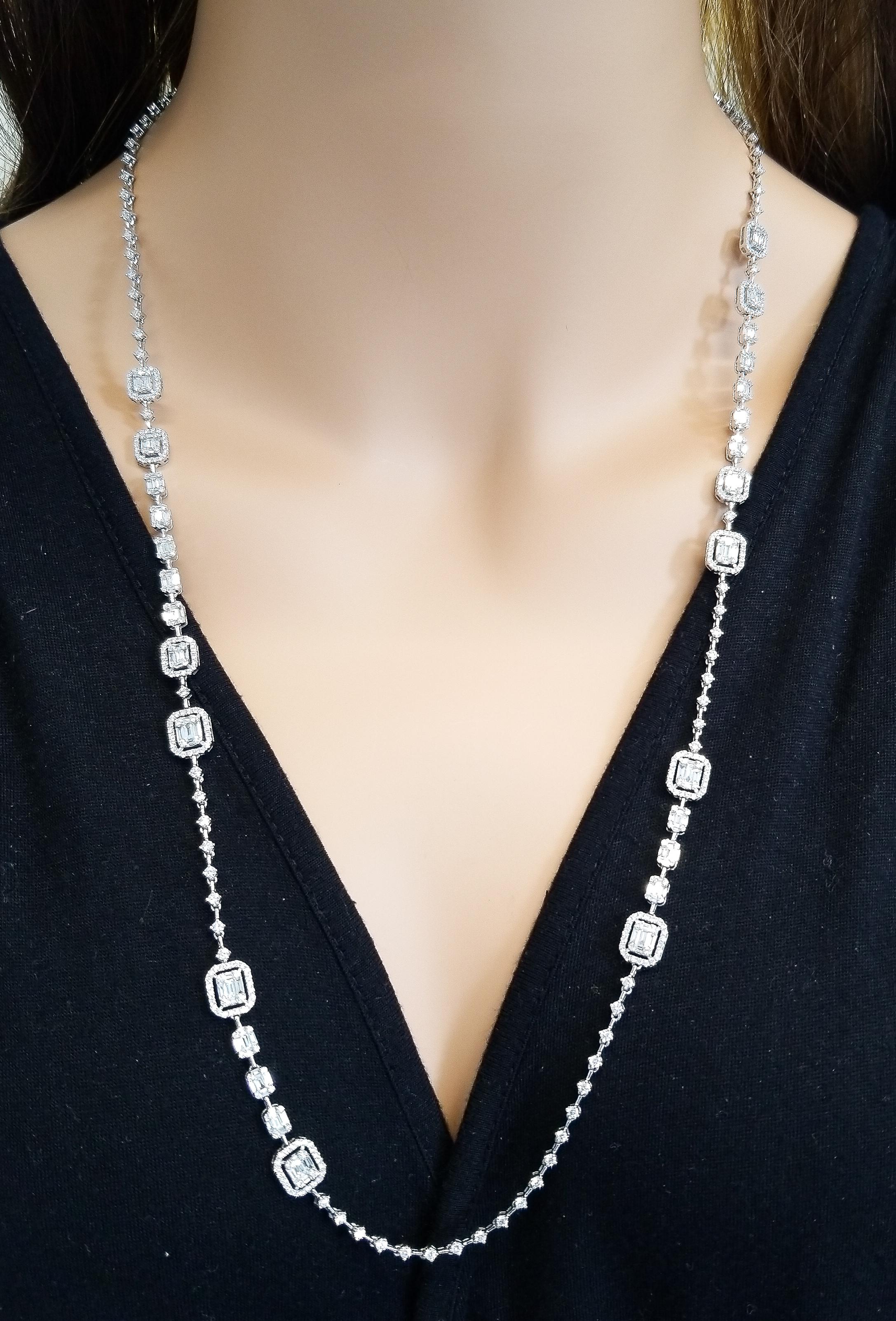 This art deco style necklace will make heads turn with its forward design. Round brilliant cut diamonds adorn this necklace from end to end in an eternity setting.  These prong set diamonds glitter in circle links that alternate with shiny linear