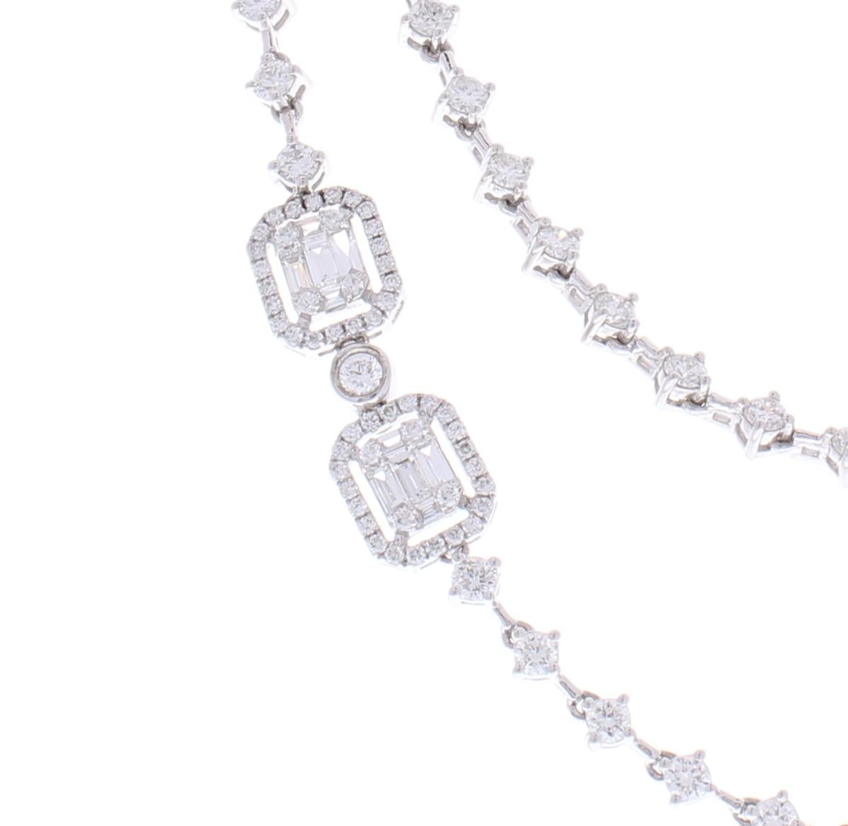 Contemporary 7.86 Carat Total Baguette and Round Diamond Necklace in 18 Karat White Gold