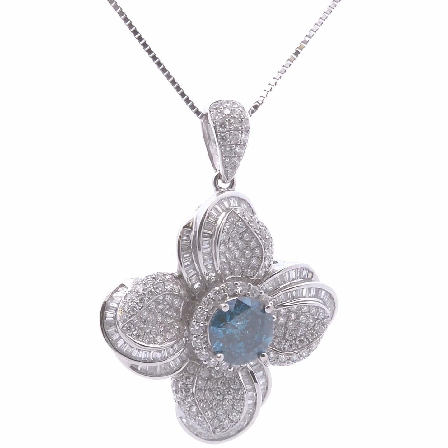Discover the epitome of elegance with our 7.86ct Blue Diamond Pendant, masterfully crafted in the shape of a delicate flower. Set in lustrous 18k white gold, this exquisite piece showcases the rare and mesmerizing beauty of a blue diamond,