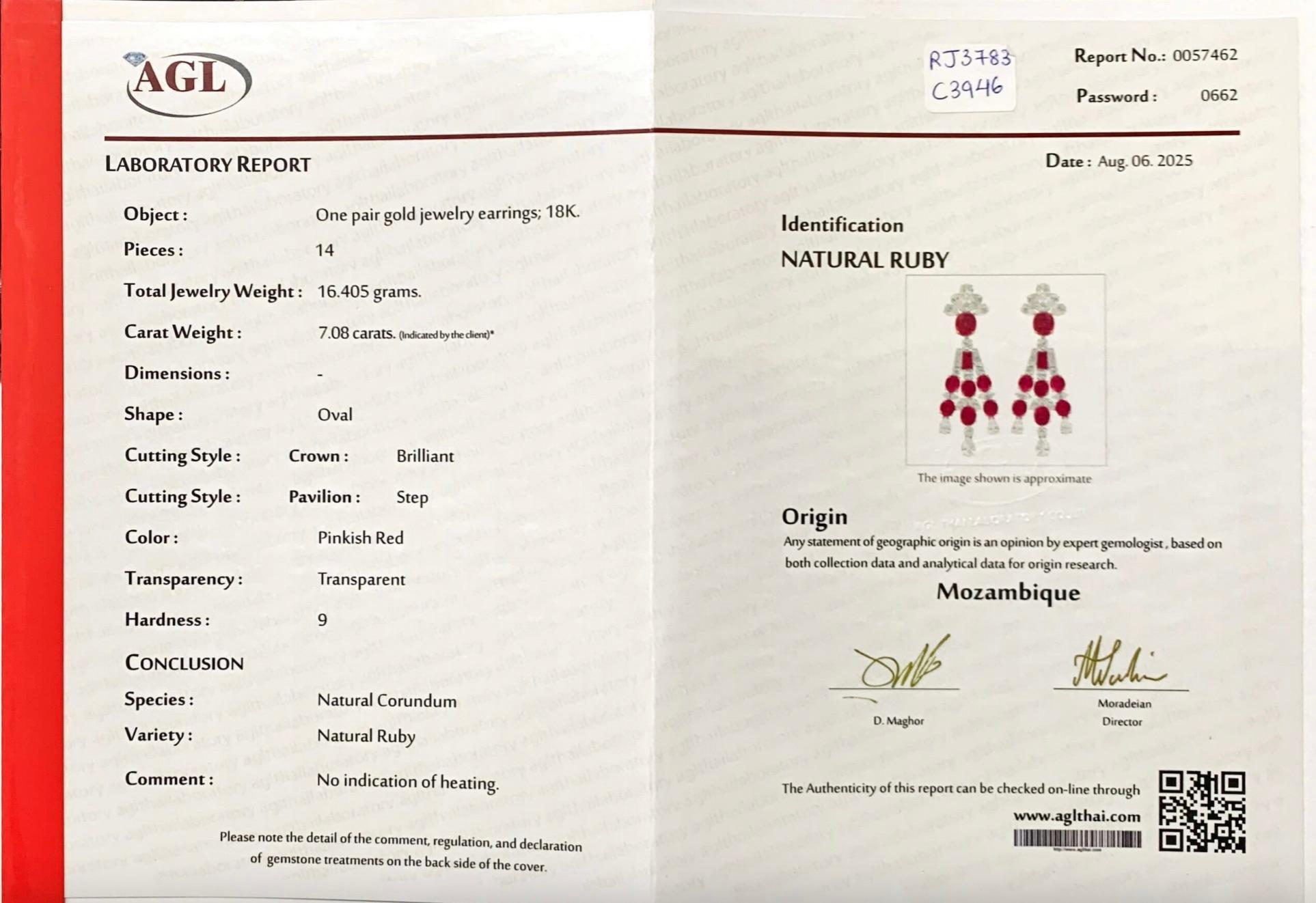 AGL Certified 7.87 Carat Mozambique No Heat Ruby And Diamond Earrings In 18K In New Condition For Sale In Bangkok, TH
