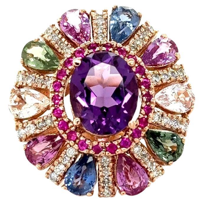 Contemporary 7.87 Carat Natural Amethyst Sapphire and Diamond Rose Gold Cocktail Ring For Sale