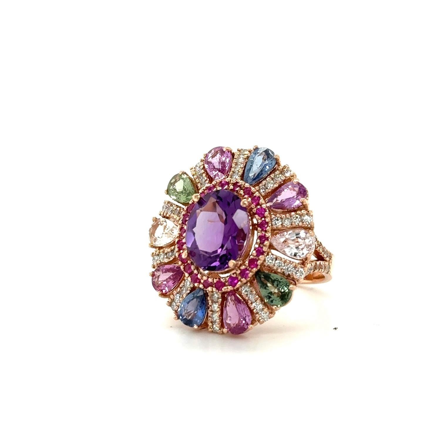 Oval Cut 7.87 Carat Natural Amethyst Sapphire and Diamond Rose Gold Cocktail Ring For Sale