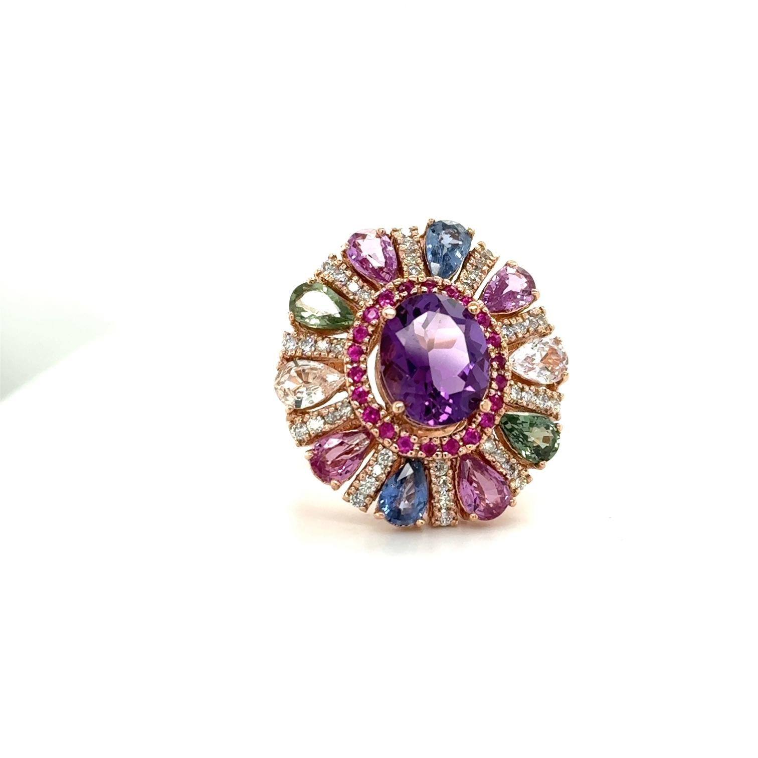 7.87 Carat Natural Amethyst Sapphire and Diamond Rose Gold Cocktail Ring In New Condition For Sale In Los Angeles, CA