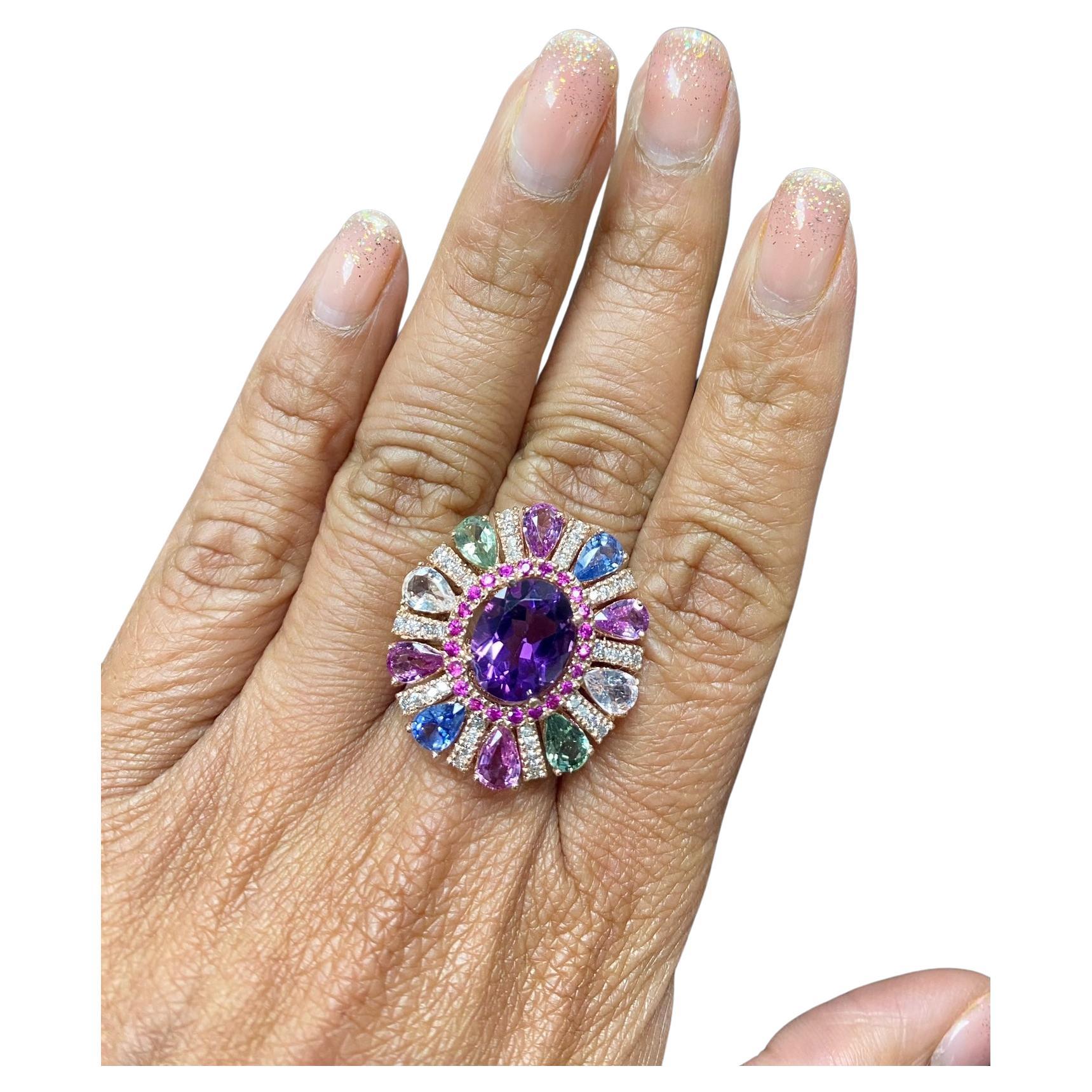 Women's 7.87 Carat Natural Amethyst Sapphire and Diamond Rose Gold Cocktail Ring For Sale