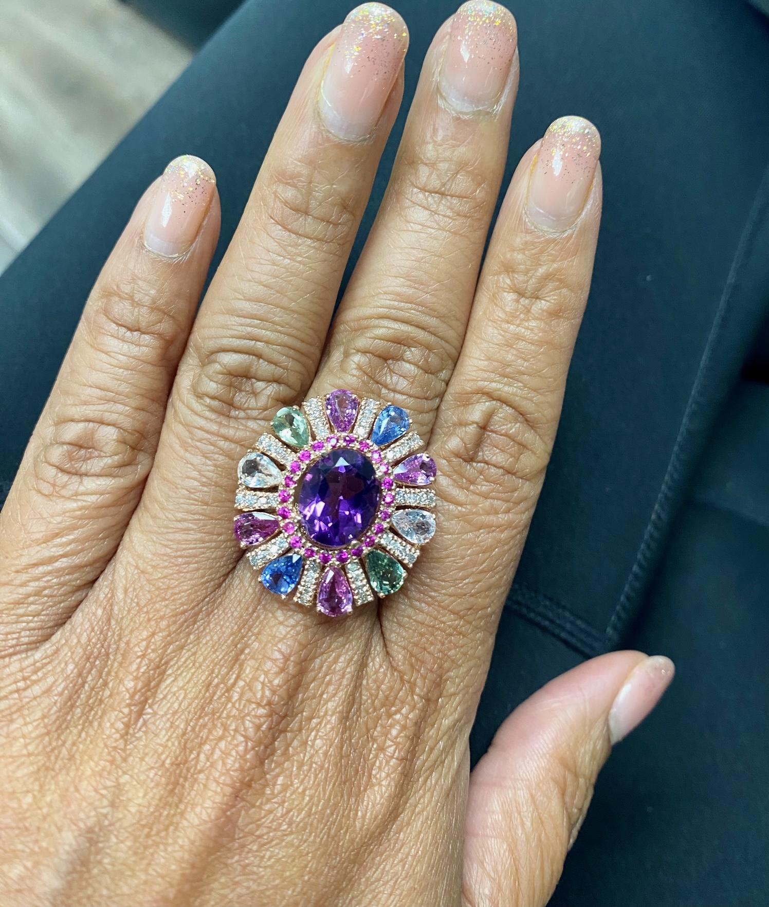 7.87 Carat Natural Amethyst Sapphire and Diamond Rose Gold Cocktail Ring For Sale 1