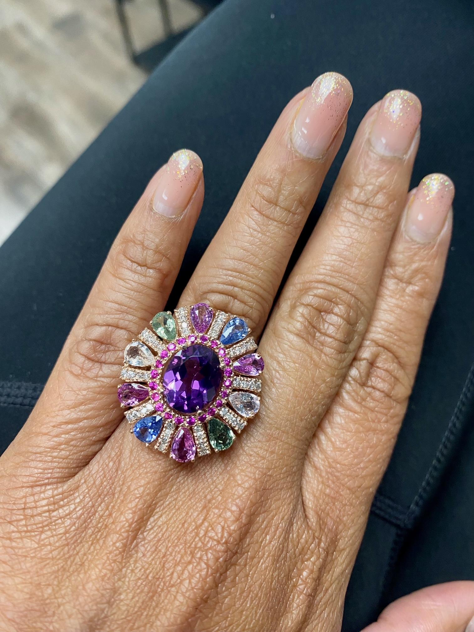 7.87 Carat Natural Amethyst Sapphire and Diamond Rose Gold Cocktail Ring For Sale 2